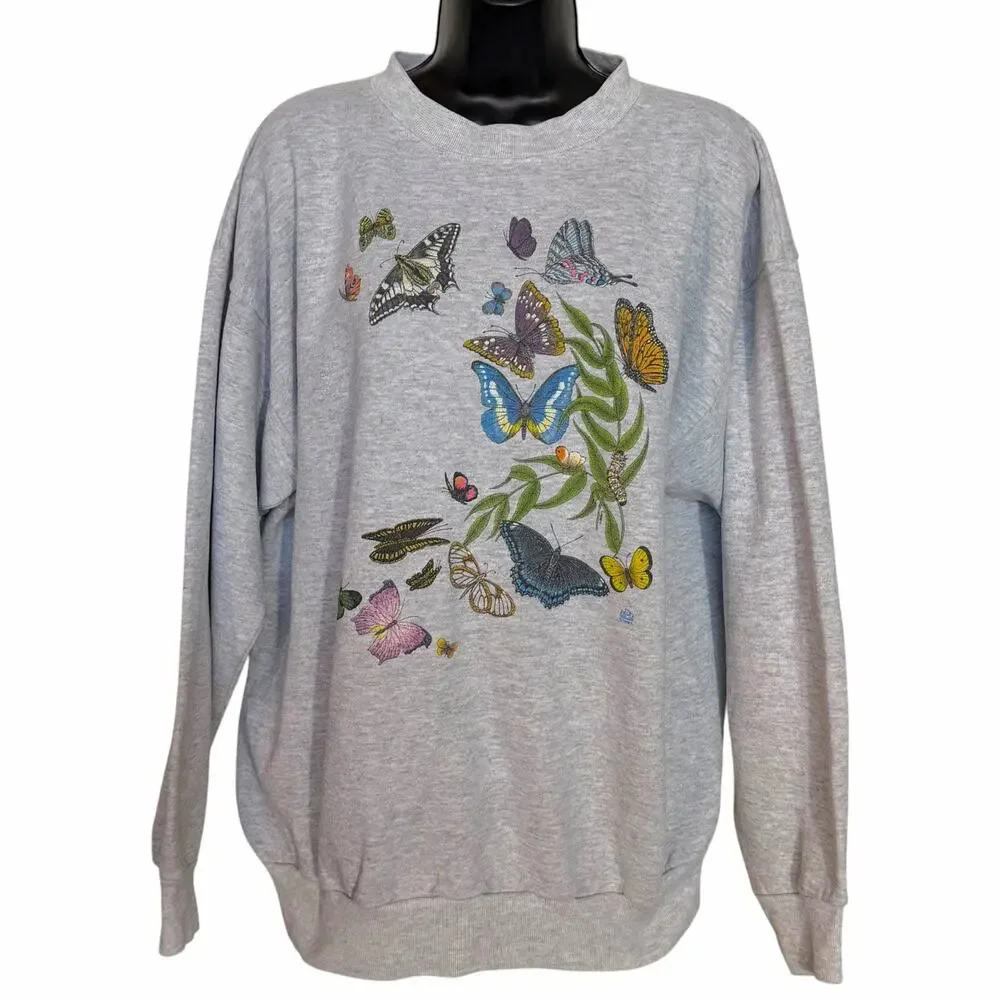 VTG 90s Cotton Grove Butterfly Sweatshirt XL Gray Cottagecore Nature USA Flaw
